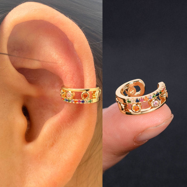 1Pc Hollow Geometry Rainbow CZ Cuff Wrap Clip On Earrings Women Climber Ear Cartilage Bone Clips