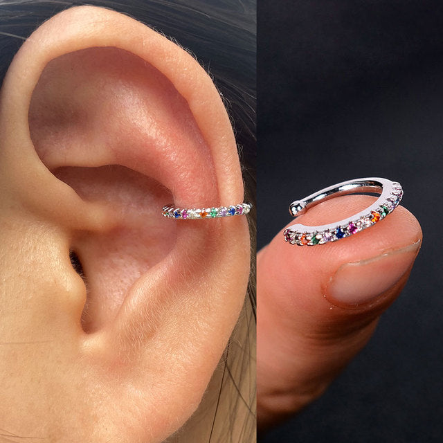 1Pc Hollow Geometry Rainbow CZ Cuff Wrap Clip On Earrings Women Climber Ear Cartilage Bone Clips